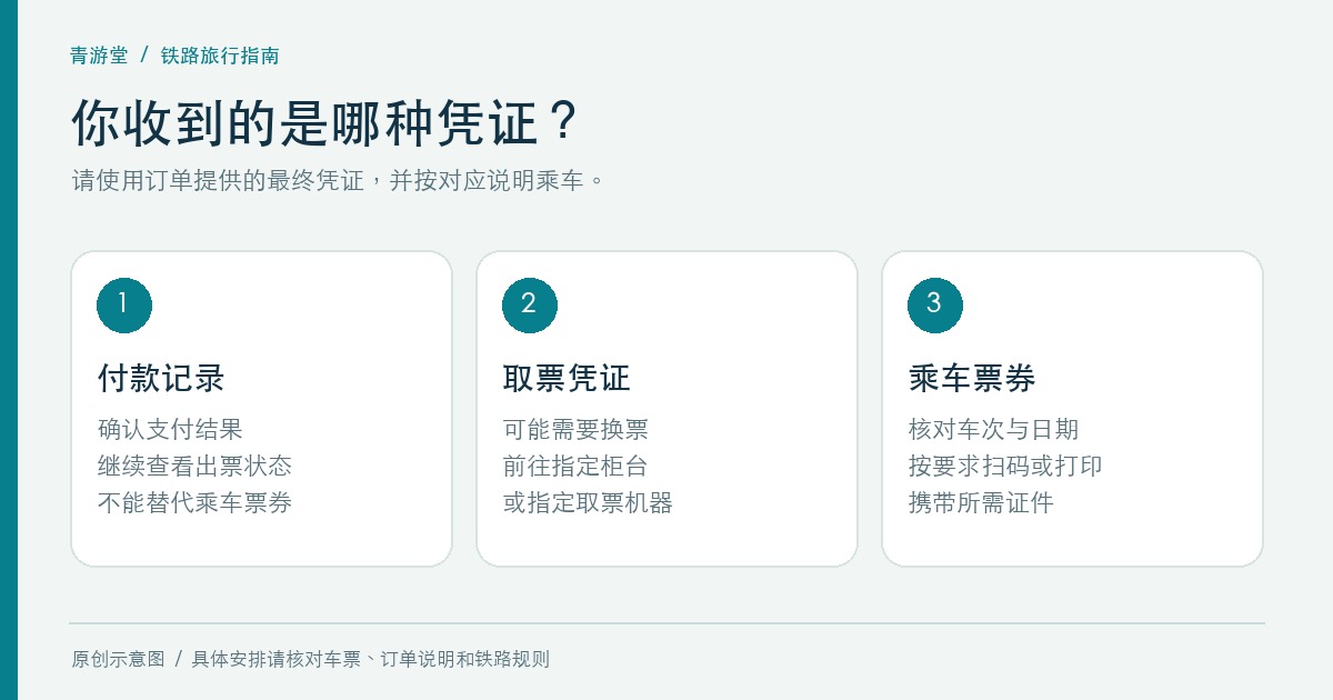 付款记录、取票凭证和乘车票券的区别示意图